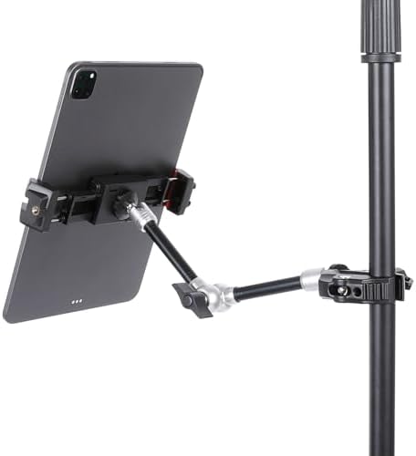 Tablet Holder for Microphone Stand, Mic Music Stand Tablet Holder for iPad, Multi Angle Adjustable 10″ Long Magic Arm & Super Clamp Mount, Compatible with 4.7 to 13 inch Tablets & Smartphones
