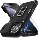 DEERLAMN Case for iPhone 16 Pro Max with Slide Camera Cover+Screen Protector (1 Pack), Rotated Ring Kickstand Military Grade Shockproof Protective Cover-Black